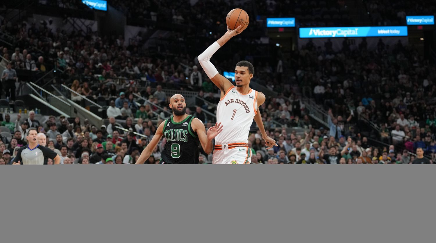 Boston Celtics guard Derrick White and San Antonio Spurs forward Victor Wembanyama